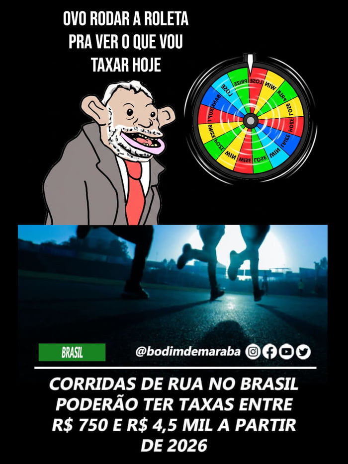 OVO RODAR A ROLETA PRA VER O QUE VOU TAXAR HOJE. BRASIL. CORRIDAS DE RUA NO BRASIL PODERÃO TER TAXAS ENTRE R$ 750 E R$ 4,5 MIL A PARTIR DE 2026.