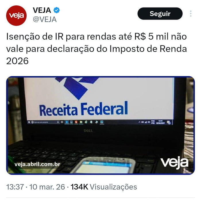 Isenção de IR para rendas até R$ 5 mil não vale para declaração do Imposto de Renda 2026. Receita Federal. veja.abril.com.br