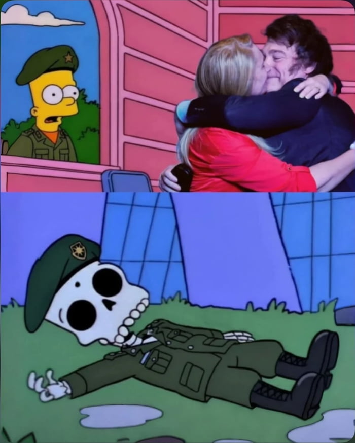 Bart Simpson, vestido con uniforme militar, observa con sorpresa a una pareja (Javier Milei y Fátima Flórez) besándose y abrazándose. En la parte inferior, el esqueleto de Bart Simpson yace en el suelo, implicando una reacción extrema o 'muerte' por lo que vio.