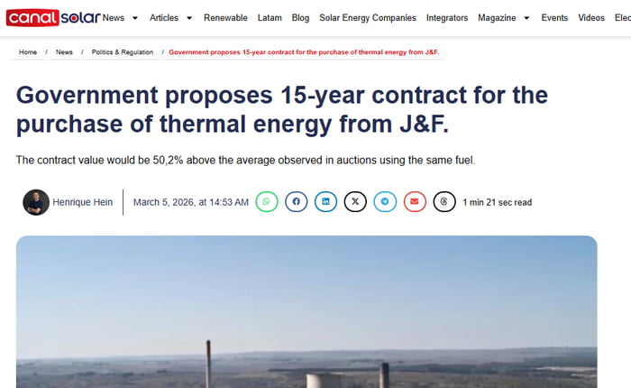 O governo propõe um contrato de 15 anos para a compra de energia térmica da J&F. O valor do contrato seria 50,2% acima da média observada em leilões usando o mesmo combustível. Henrique Hein 5 de março de 2026, às 14:53. Tempo de leitura: 1 min 21 seg.