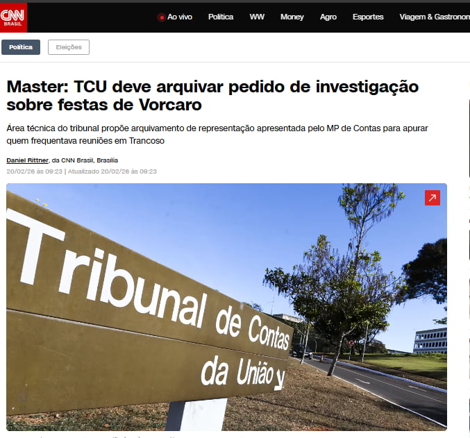 Master: TCU deve arquivar pedido de investigação sobre festas de Vorcaro. Área técnica do tribunal propõe arquivamento de representação apresentada pelo MP de Contas para apurar quem frequentava reuniões em Trancoso. Tribunal de Contas da União.