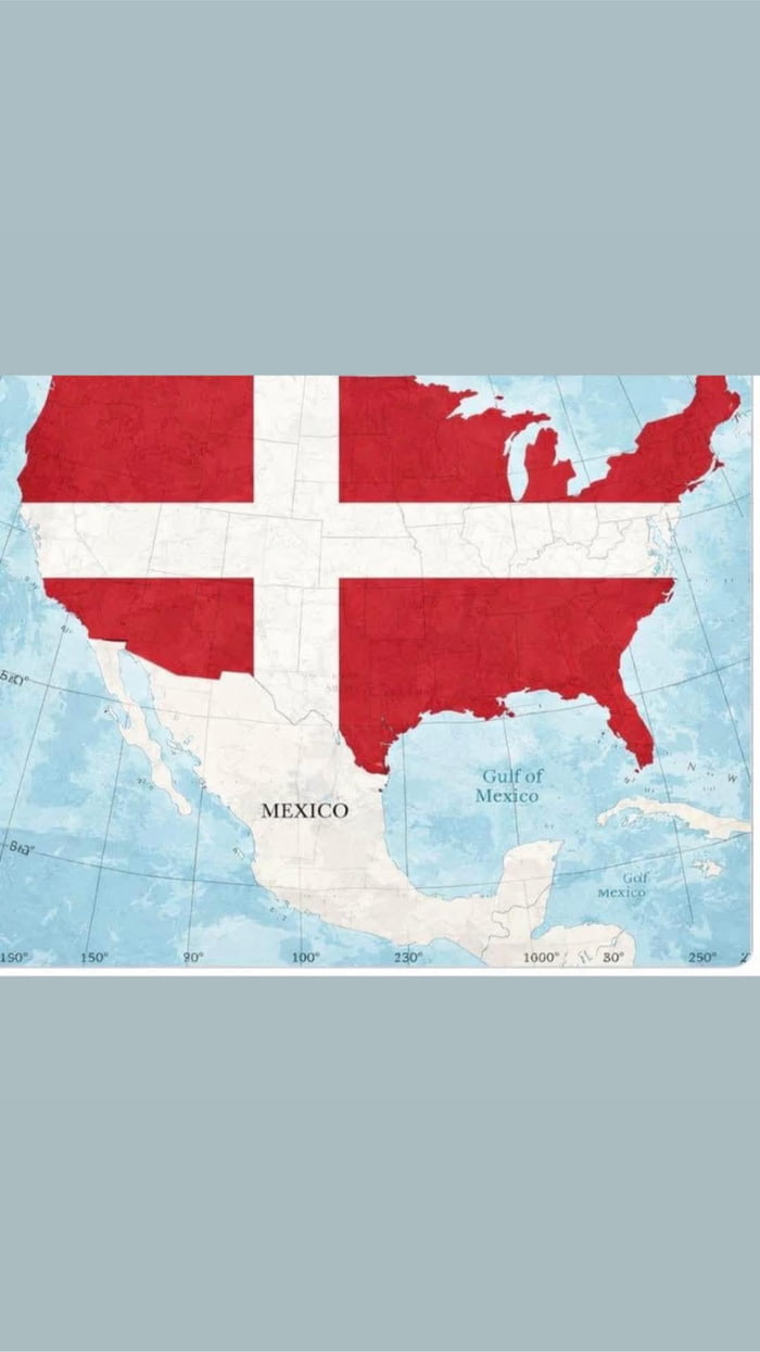 Un mapa de América del Norte con la bandera de Dinamarca superpuesta sobre los Estados Unidos. Se pueden leer las palabras 'MEXICO' y 'Gulf of Mexico'.