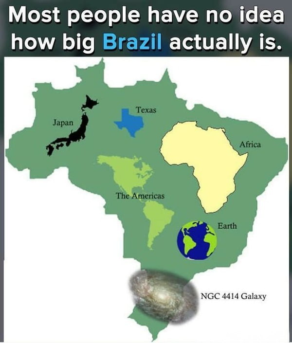 A maioria das pessoas não tem ideia do tamanho real do Brasil. Japão, Texas, África, As Américas, Terra, Galáxia NGC 4414.