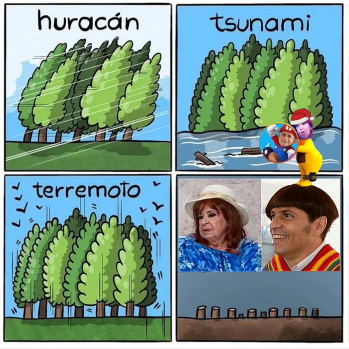 huracán, tsunami, terremoto. En el cuarto panel, se muestran dos figuras, una mujer y un hombre con un corte de pelo distintivo, junto a tocones de árboles, implicando un 