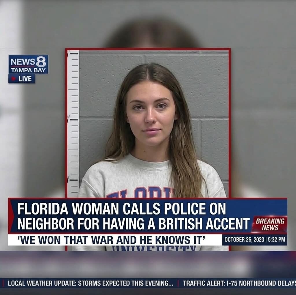 FLORIDA WOMAN CALLS POLICE ON NEIGHBOR FOR HAVING A BRITISH ACCENT 'WE WON THAT WAR AND HE KNOWS IT'. NEWS 8 TAMPA BAY LIVE. BREAKING NEWS. OCTOBER 26, 2023 | 5:32 PM. LOCAL WEATHER UPDATE: STORMS EXPECTED THIS EVENING... TRAFFIC ALERT: I-75 NORTHBOUND DELAYS.