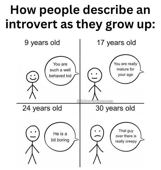 How people describe an introvert as they grow up: 9 years old You are such a well behaved kid 17 years old You are really mature for your age 24 years old He is a bit boring 30 years old That guy over there is really creepy @introvertmemess