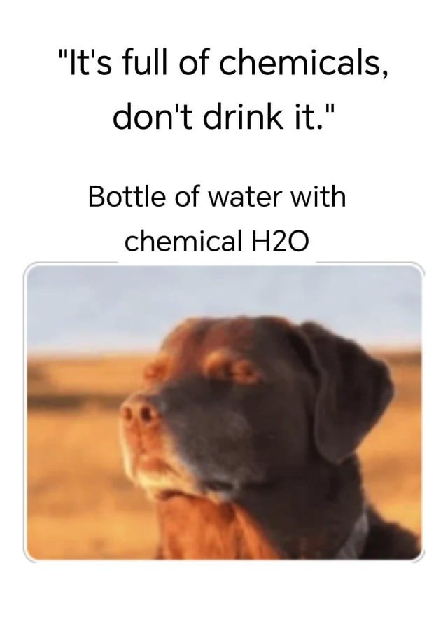 It's full of chemicals, don't drink it. Bottle of water with chemical H2O
