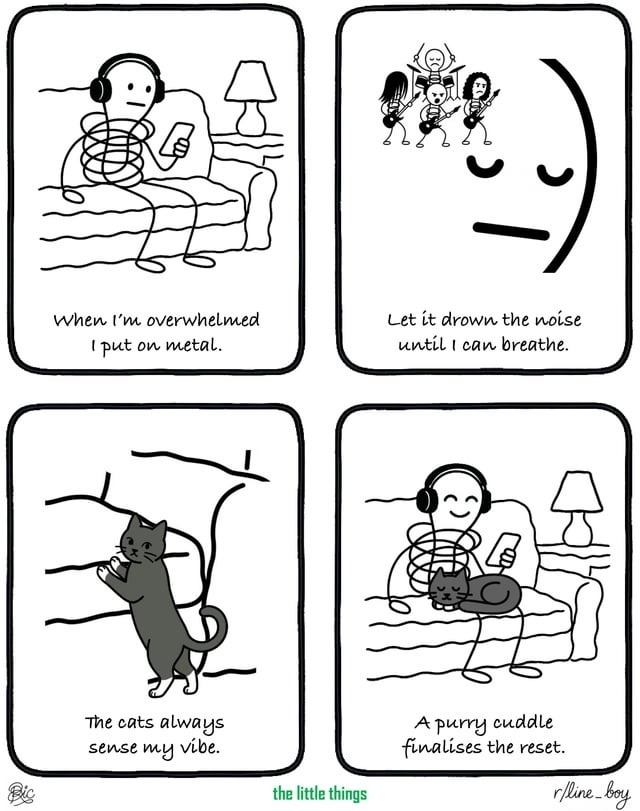 When I'm overwhelmed I put on metal. Let it drown the noise until I can breathe. The cats always sense my vibe. A purry cuddle finalises the reset.