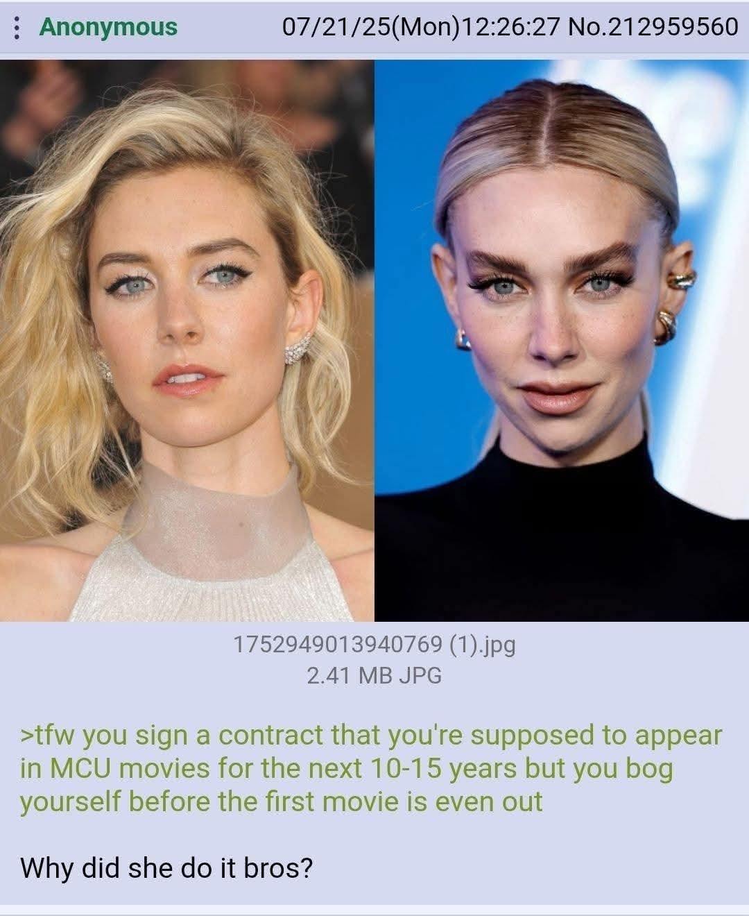 A split image of actress Kathryn Newton, comparing two different looks. The overlaid text reads: 'tfw you sign a contract that you're supposed to appear in MCU movies for the next 10-15 years but you bog yourself before the first movie is even out. Why did she do it bros?'