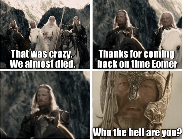 That was crazy. We almost died. Thanks for coming back on time Eomer Who the hell are you?