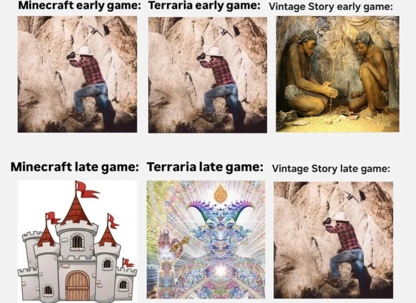 Minecraft early game: A person in a plaid shirt and hat is mining a rock with a pickaxe. Terraria early game: A person in a plaid shirt and hat is mining a rock with a pickaxe. Vintage Story early game: Two ancient humans are working with tools in a cave. Minecraft late game: A cartoon castle with red flags. Terraria late game: A highly detailed, p