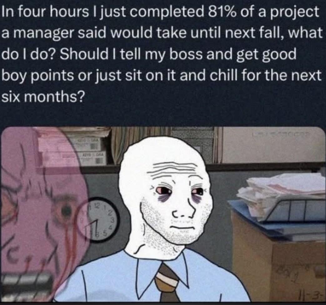 In four hours I just completed 81% of a project a manager said would take until next fall, what do I do? Should I tell my boss and get good boy points or just sit on it and chill for the next six months?