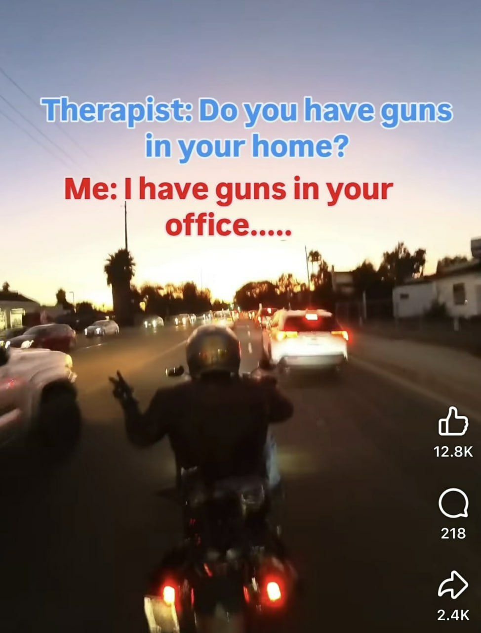 Therapist: Do you have guns in your home? Me: I have guns in your office......