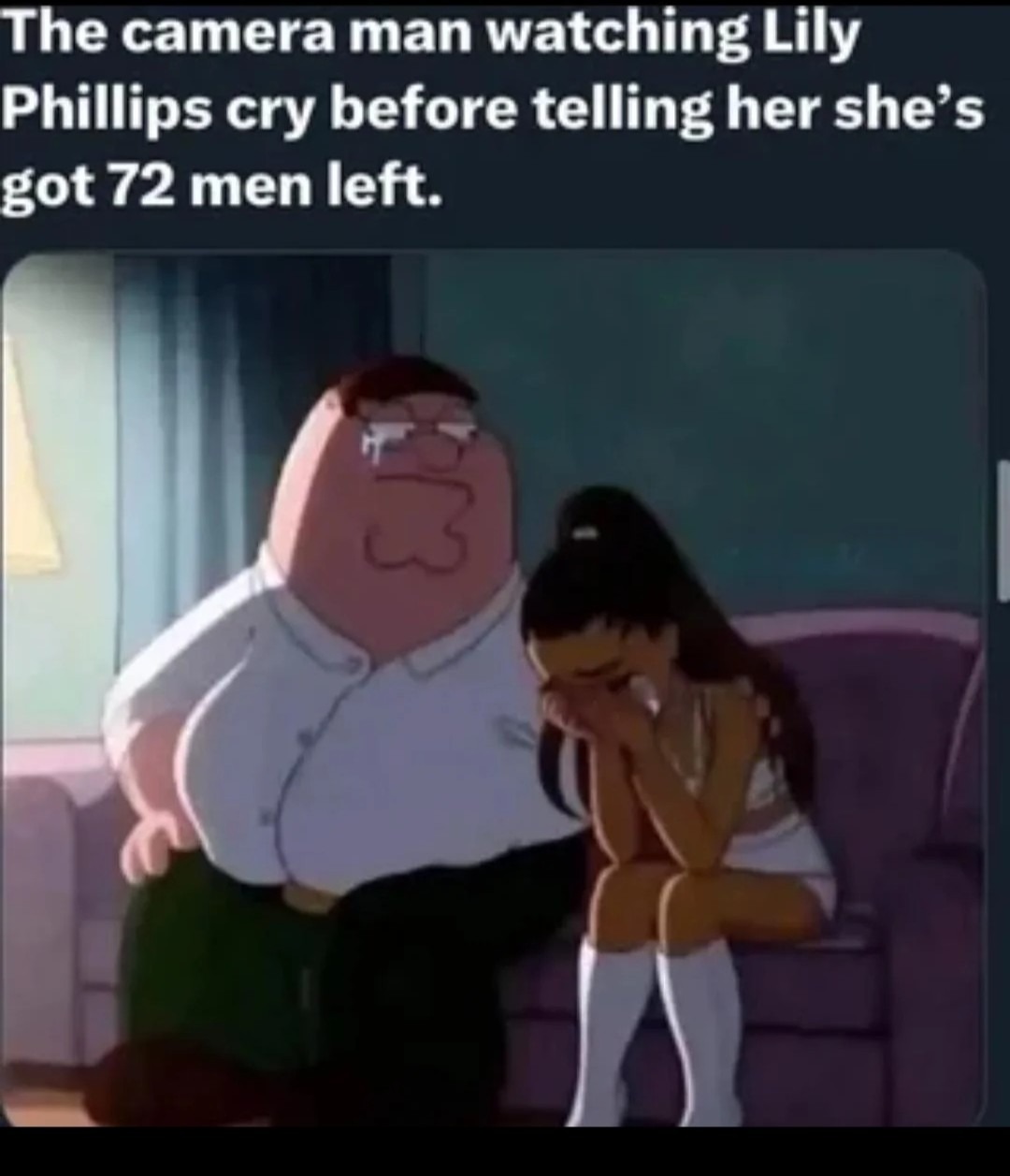 The camera man watching Lily Phillips cry before telling her she's got 72 men left.