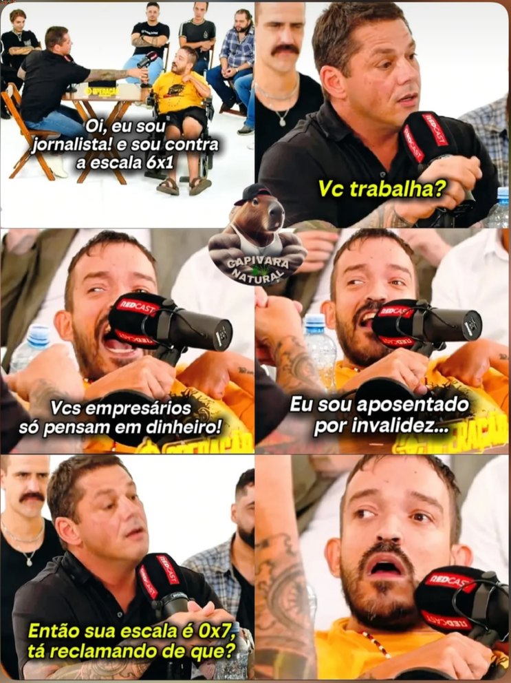 Oi, eu sou jornalista! e sou contra a escala 6x1. Vc trabalha? Vcs empresários só pensam em dinheiro! Eu sou aposentado por invalidez... Então sua escala é 0x7, tá reclamando de que?