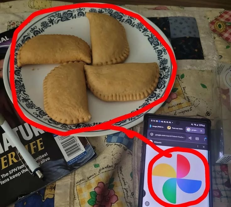 Cuatro empanadas en un plato, con un teléfono móvil al lado mostrando el logo de Google Fotos en una búsqueda de Wikipedia. Las empanadas están dispuestas de manera que se asemejan al logo de Google Fotos, creando una comparación humorística. También se ve una revista con el título 'NATURE LIFE'.