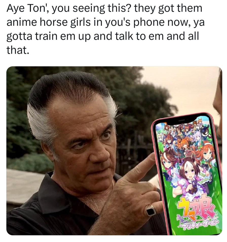 Aye Ton', you seeing this? they got them anime horse girls in you's phone now, ya gotta train em up and talk to em and all that.