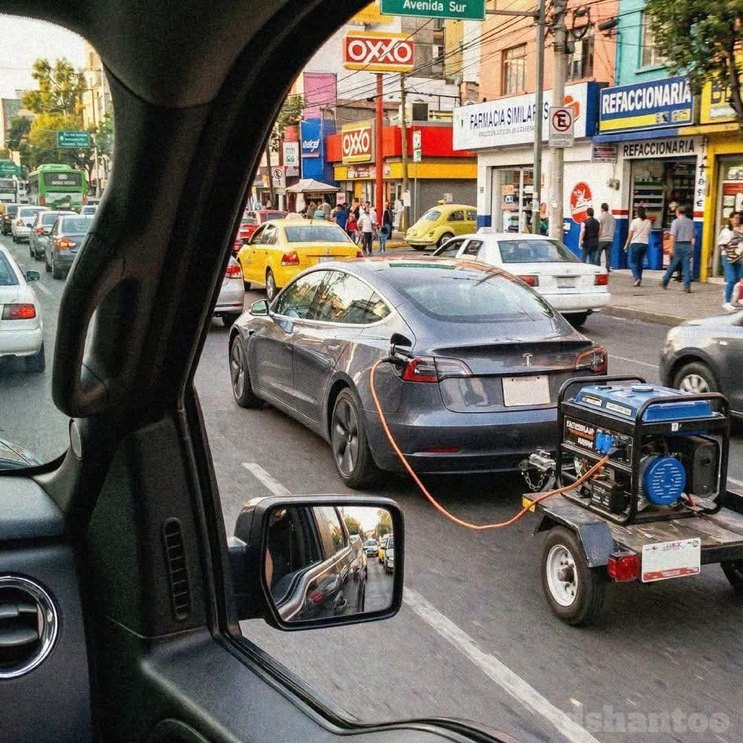 Un Tesla siendo cargado por un generador de gasolina en un remolque en medio del tráfico. Se ven letreros de 'Avenida Sur', 'OXXO', 'Farmacia Similares' y 'Refaccionaria'. El generador es de 4000W.