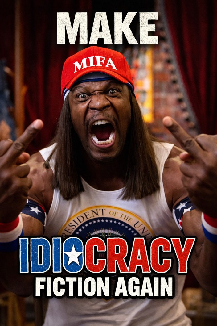 A man resembling Terry Crews, dressed as President Camacho from the movie Idiocracy, with a red 'MIFA' cap and a 'President of the United States' tank top, is shouting and giving two middle fingers. The text on the image reads: 'MAKE IDIOCRACY FICTION AGAIN'.