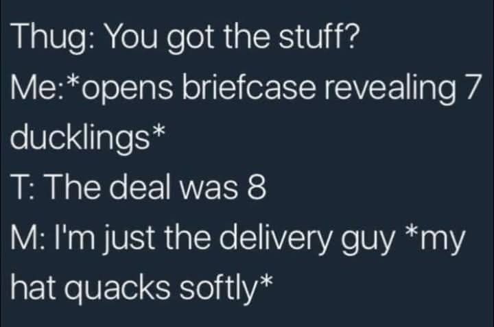 Thug: You got the stuff?
Me:*opens briefcase revealing 7 ducklings*
T: The deal was 8
M: I'm just the delivery guy *my hat quacks softly*