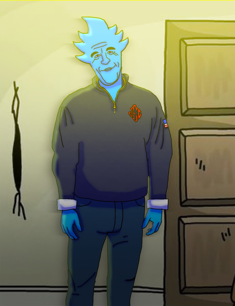 Un personaje animado con piel azul brillante y cabello azul puntiagudo, vestido con una chaqueta oscura con cremallera, pantalones y guantes. Tiene una expresión sonriente y está de pie en una habitación.