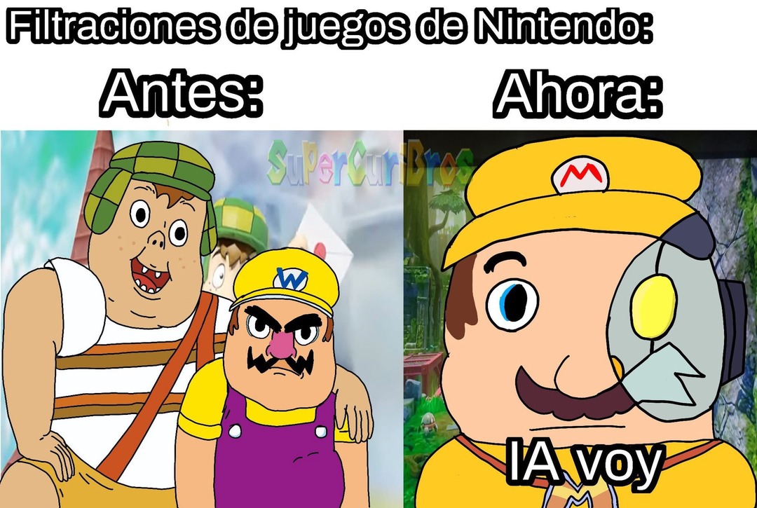Filtraciones de juegos de Nintendo: Antes: [Imagen de El Chavo del 8 y Wario en un fondo de Super Mario Bros]. Ahora: [Imagen de Mario con un ojo cibernético]. IA voy.
