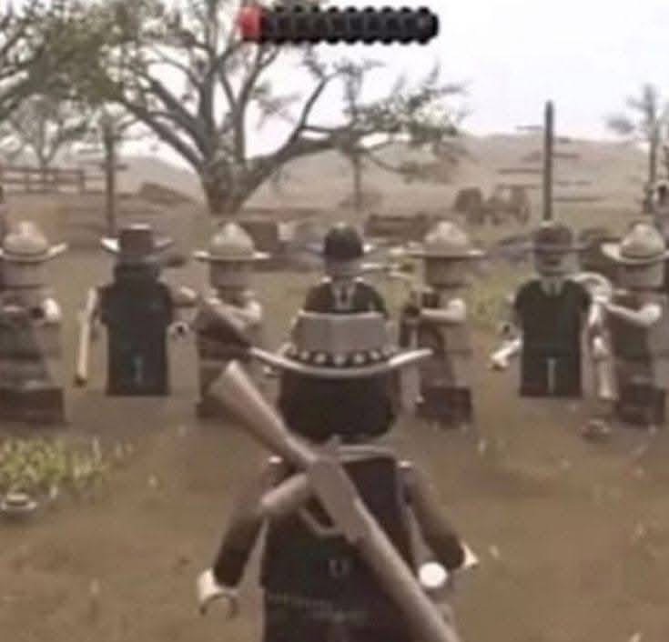 Un personaje de LEGO con un rifle en la espalda se enfrenta a un grupo de otros personajes de LEGO en un escenario del Viejo Oeste.