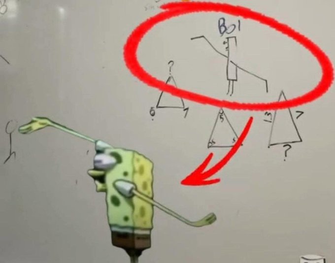 Boi. Un dibujo de un monigote con los brazos extendidos y las piernas separadas, rodeado por un círculo rojo. Debajo, Bob Esponja imita la misma pose. También hay dibujos de triángulos con números como 6, 7, 5, 13 y signos de interrogación.