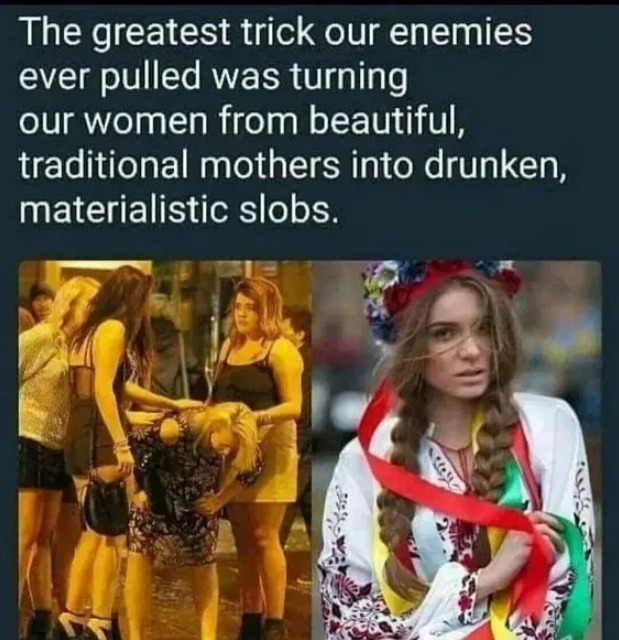 The greatest trick our enemies ever pulled was turning our women from beautiful, traditional mothers into drunken, materialistic slobs.