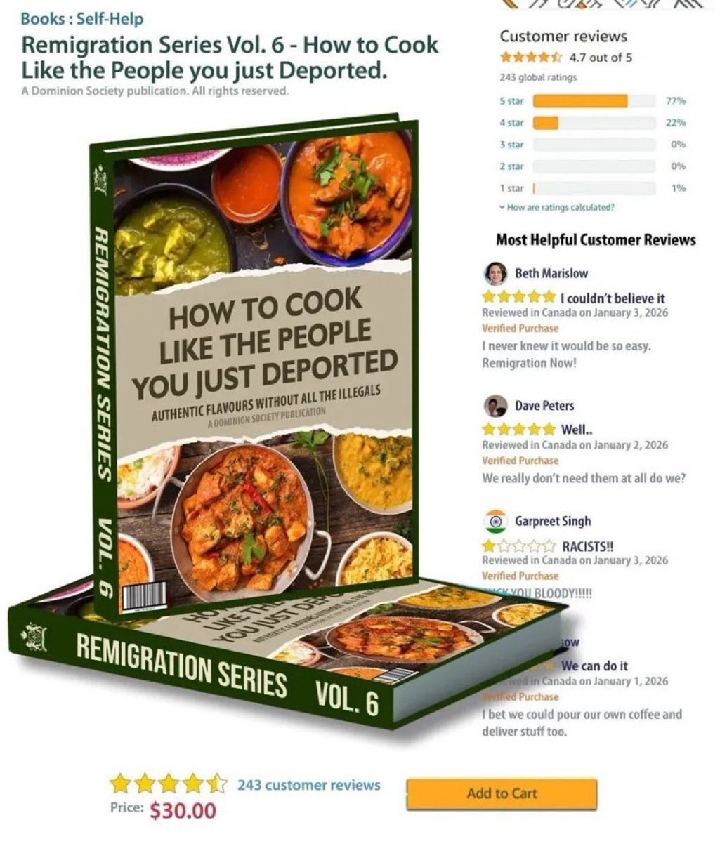 Books: Self-Help. Remigration Series Vol. 6 - How to Cook Like the People You Just Deported. A Dominion Society publication. All rights reserved. Authentic Flavours Without All The Illegals. Customer reviews 4.7 out of 5, 243 global ratings. 5 star 77%, 4 star 22%, 3 star 0%, 2 star 0%, 1 star 1%. How are ratings calculated? Most Helpful Customer R