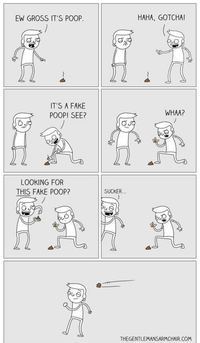 EW GROSS IT'S POOP. HAHA, GOTCHA! IT'S A FAKE POOP! SEE? WHAA? LOOKING FOR THIS FAKE POOP? SUCKER...