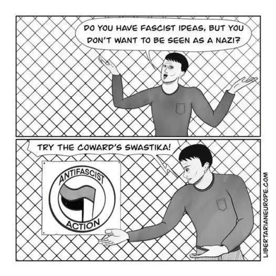 DO YOU HAVE FASCIST IDEAS, BUT YOU DON'T WANT TO BE SEEN AS A NAZI? TRY THE COWARD'S SWASTIKA! ANTIFASCIST ACTION LIBERTARIANEUROPE.COM