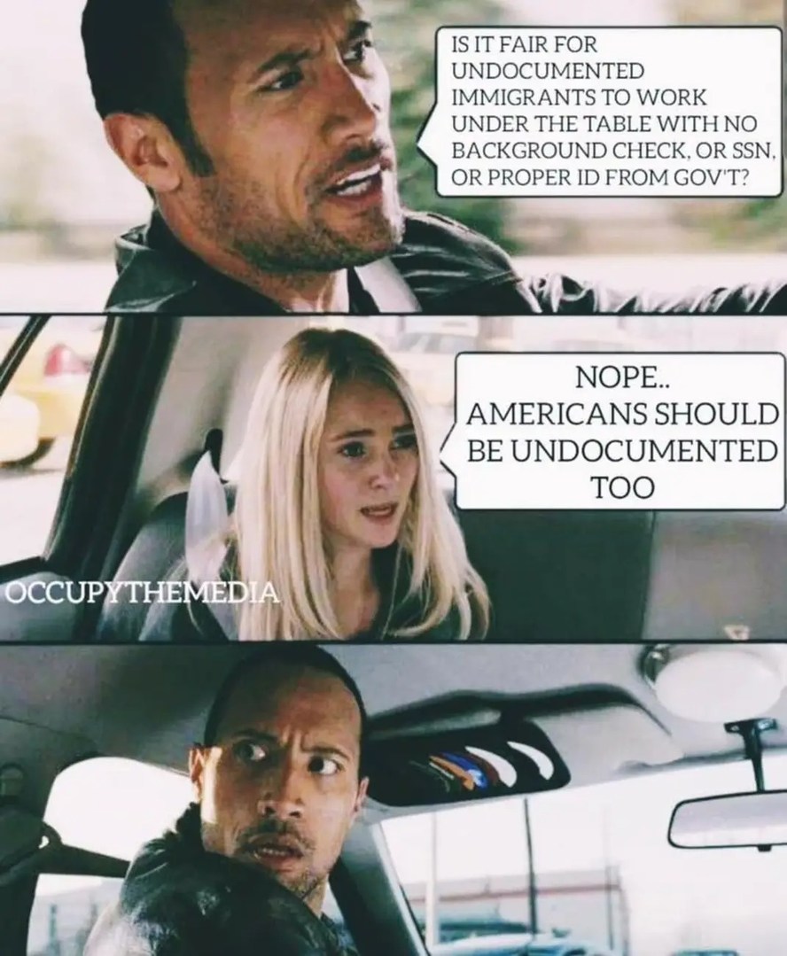 IS IT FAIR FOR UNDOCUMENTED IMMIGRANTS TO WORK UNDER THE TABLE WITH NO BACKGROUND CHECK, OR SSN, OR PROPER ID FROM GOV'T? NOPE.. AMERICANS SHOULD BE UNDOCUMENTED TOO