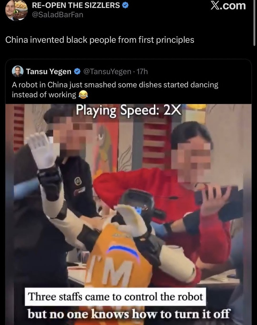 RE-OPEN THE SIZZLERS. China invented black people from first principles. A robot in China just smashed some dishes started dancing instead of working. Playing Speed: 2X. Three staffs came to control the robot but no one knows how to turn it off.
