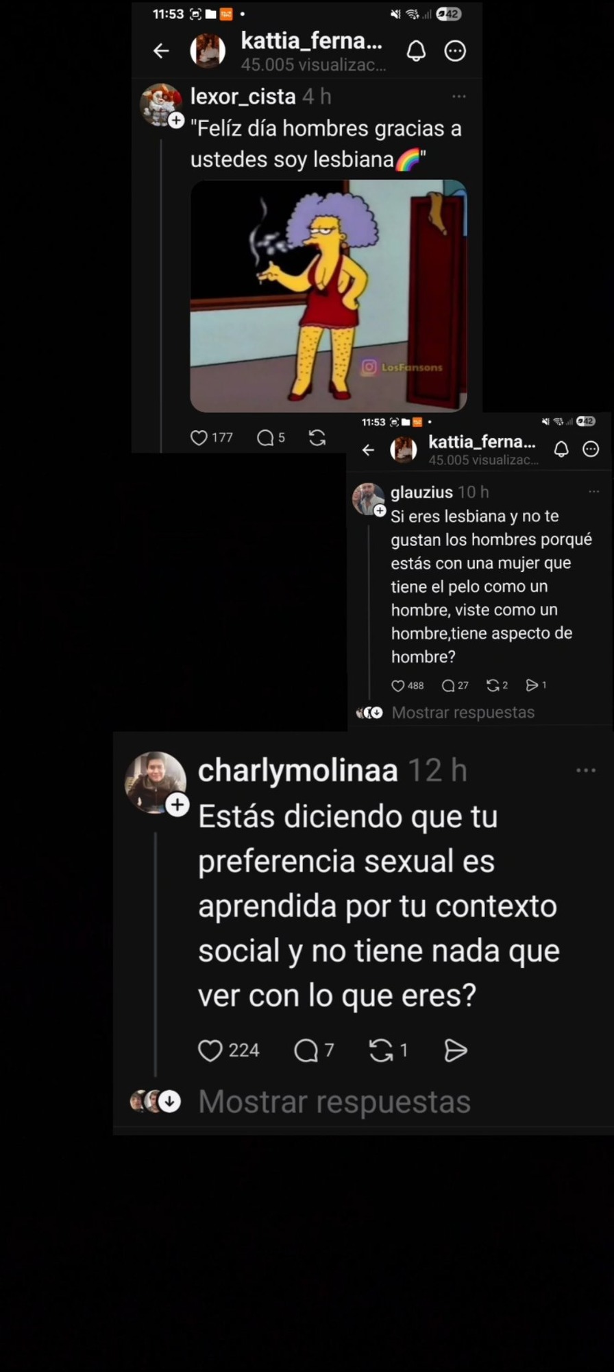 Feliz día hombres gracias a ustedes soy lesbiana. Si eres lesbiana y no te gustan los hombres porqué estás con una mujer que tiene el pelo como un hombre, viste como un hombre, tiene aspecto de hombre? Estás diciendo que tu preferencia sexual es aprendida por tu contexto social y no tiene nada que ver con lo que eres?