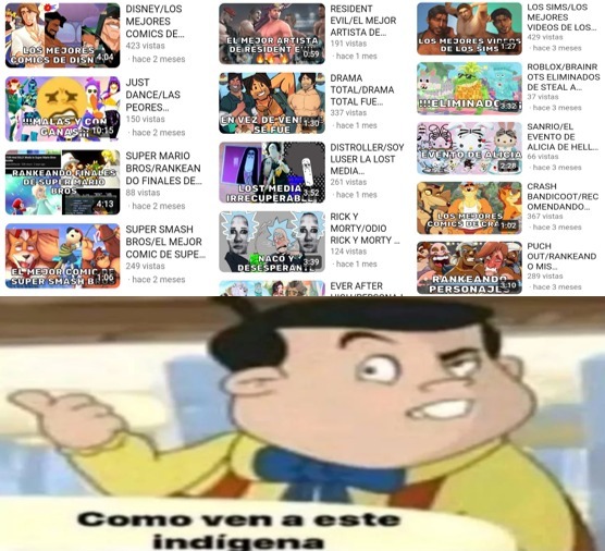 Captura de pantalla de recomendaciones de videos de YouTube con títulos como 'DISNEY/LOS MEJORES COMICS DE...', 'EL MEJOR ARTISTA DE RESIDENT E...', 'LOS SIMS/LOS MEJORES VIDEOS DE LOS SIMS', 'JUST DANCE/LAS PEORES...', 'SUPER MARIO BROS/RANKEANDO FINALES DE SUPER MARIO BROS', 'RICK Y MORTY/ODIO RICK Y MORTY'. Debajo, un personaje de dibujos animad
