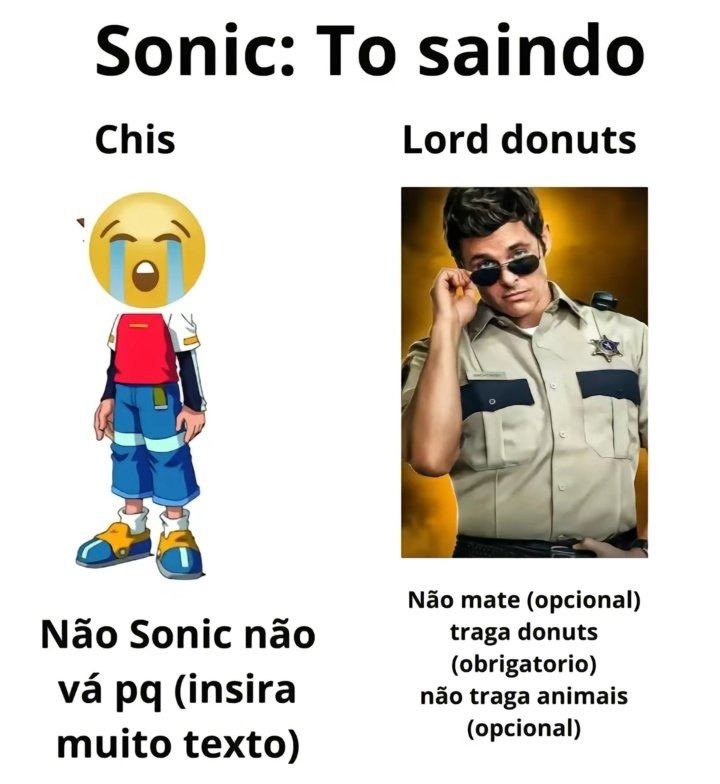 Sonic: To saindo
Chis
Lord donuts
Não Sonic não vá pq (insira muito texto)
Não mate (opcional)
traga donuts (obrigatório)
não traga animais (opcional)