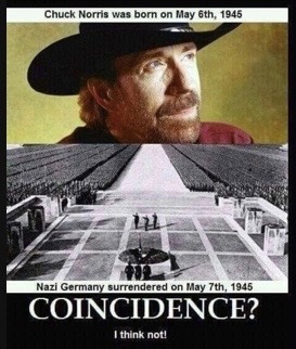 Chuck Norris was born on May 6th, 1945. Nazi Germany surrendered on May 7th, 1945. COINCIDENCE? I think not!