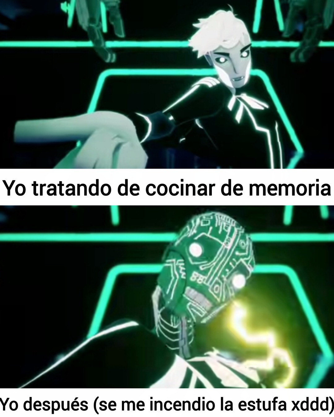 Yo tratando de cocinar de memoria. Yo después (se me incendio la estufa xddd)