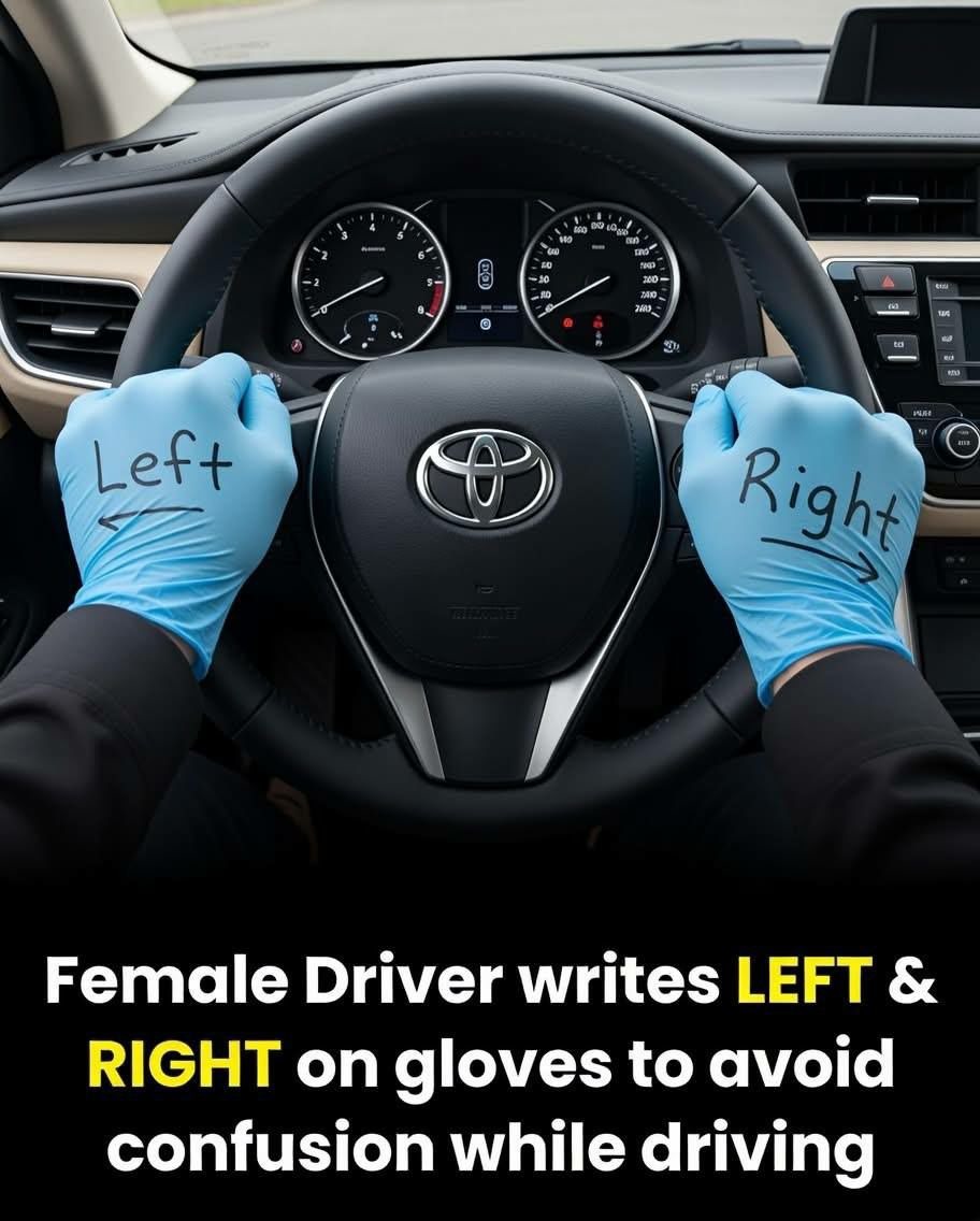 Left Right Female Driver writes LEFT & RIGHT on gloves to avoid confusion while driving