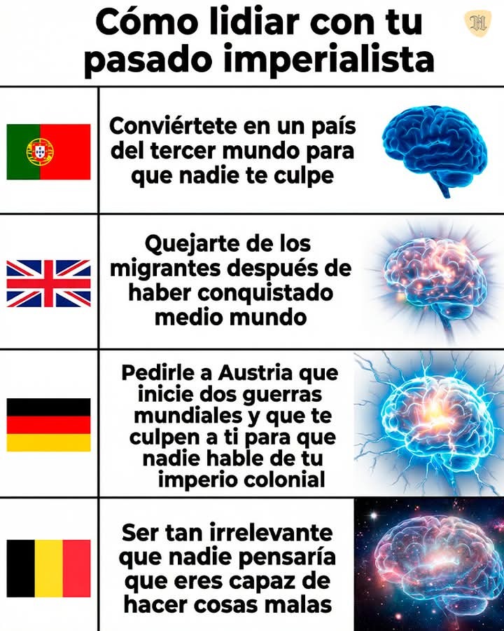 Cómo lidiar con tu pasado imperialista
Conviértete en un país del tercer mundo para que nadie te culpe
Quejarte de los migrantes después de haber conquistado medio mundo
Pedirle a Austria que inicie dos guerras mundiales y que te culpen a ti para que nadie hable de tu imperio colonial
Ser tan irrelevante que nadie pensaría que eres capaz de hacer c
