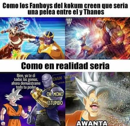 Como los Fanboys del kokum creen que seria una pelea entre el y Thanos. Como en realidad seria. Bien, ya te di todas las gemas, ahora demuéstrame todo tu poder. OK, MONO ESTÚPIDO. AWANTA.