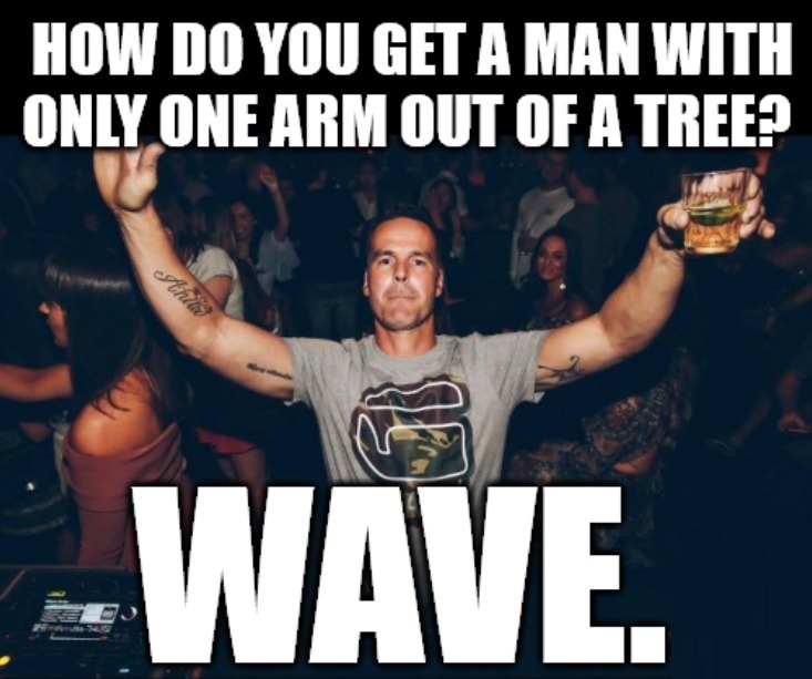 HOW DO YOU GET A MAN WITH ONLY ONE ARM OUT OF A TREE? WAVE.