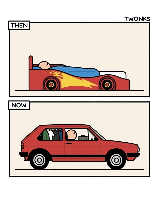 THEN, NOW, TWONKS. The image shows a person sleeping in a race car bed in the 'THEN' panel, and in the 'NOW' panel, the same person is driving a car with clothes and a suitcase, implying they might be living in it or moving.