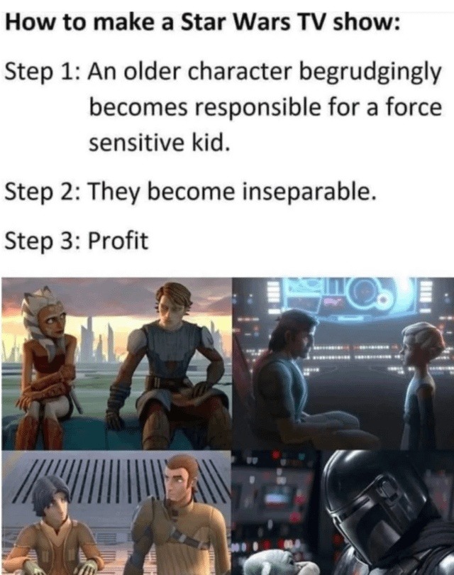 How to make a Star Wars TV show: Step 1: An older character begrudgingly becomes responsible for a force sensitive kid. Step 2: They become inseparable. Step 3: Profit
