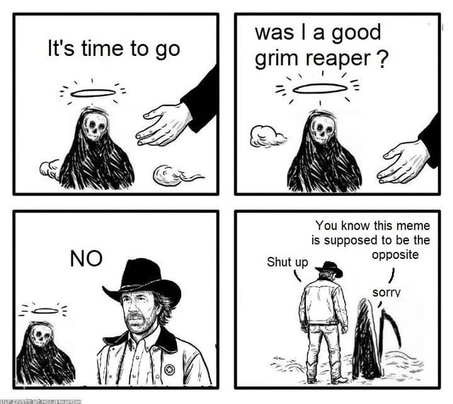 It's time to go. Was I a good grim reaper? NO. You know this meme is supposed to be the opposite. Shut up. sorry