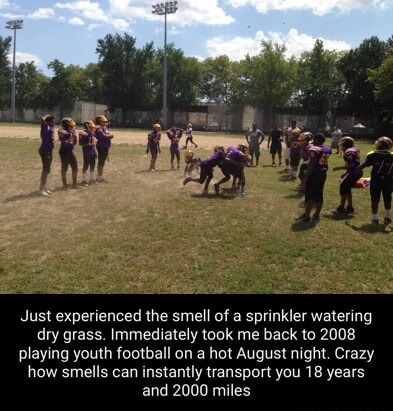Just experienced the smell of a sprinkler watering dry grass. Immediately took me back to 2008 playing youth football on a hot August night. Crazy how smells can instantly transport you 18 years and 2000 miles