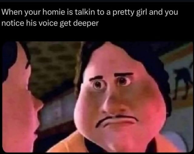 When your homie is talkin to a pretty girl and you notice his voice get deeper