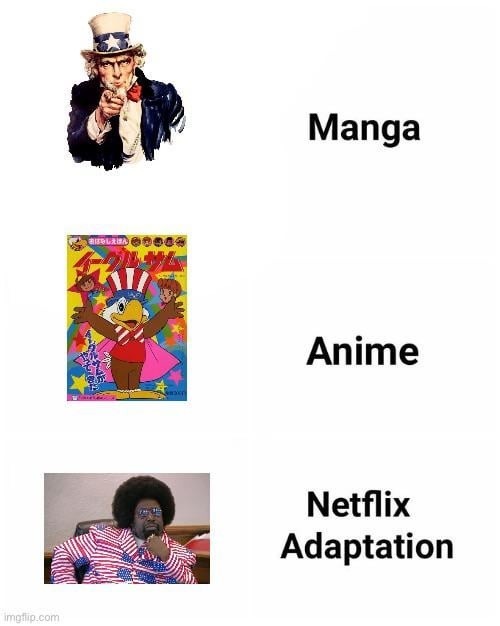 Manga, Anime, Netflix Adaptation. Images show Uncle Sam, an anime character resembling an eagle in an Uncle Sam hat, and a man in a striped suit.