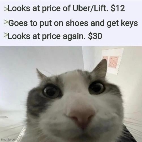 Looks at price of Uber/Lift. $12 Goes to put on shoes and get keys Looks at price again. $30